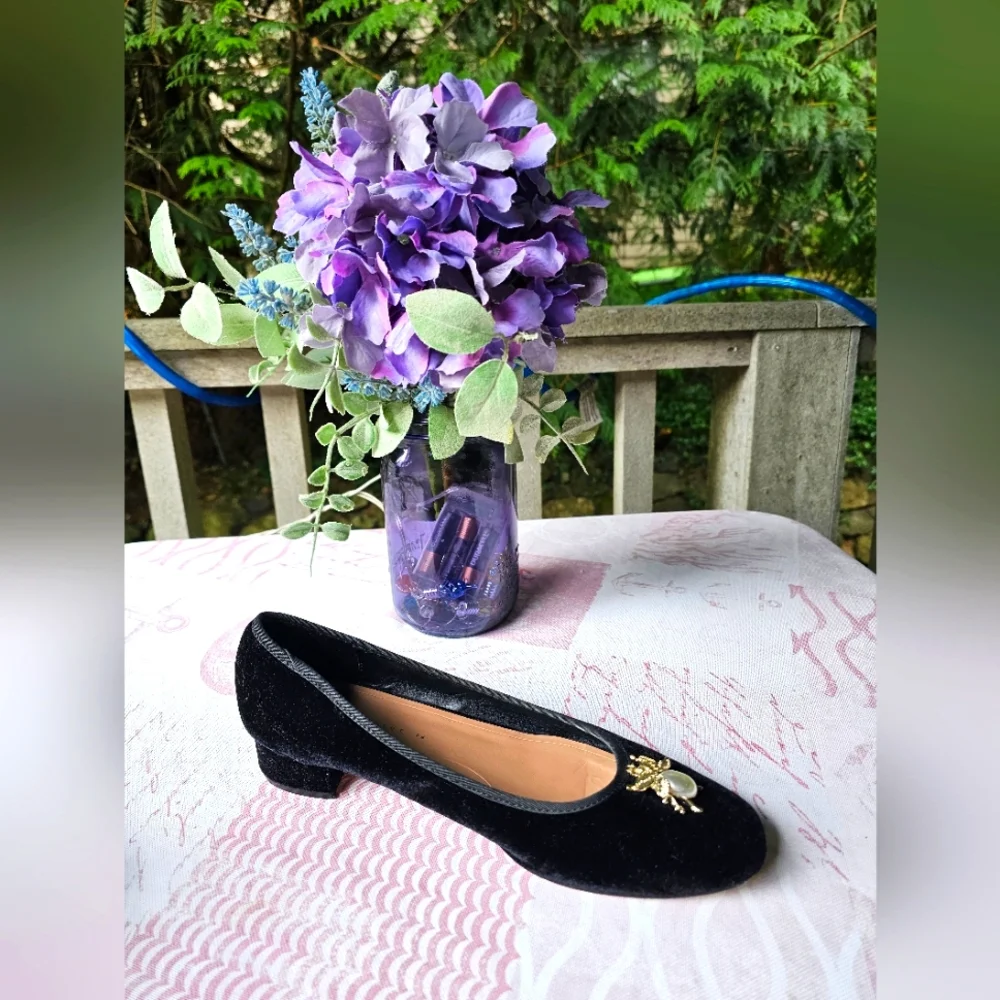 Zara Beetle Embelished Velvet Faux Pearl Ballet Flats in Black
